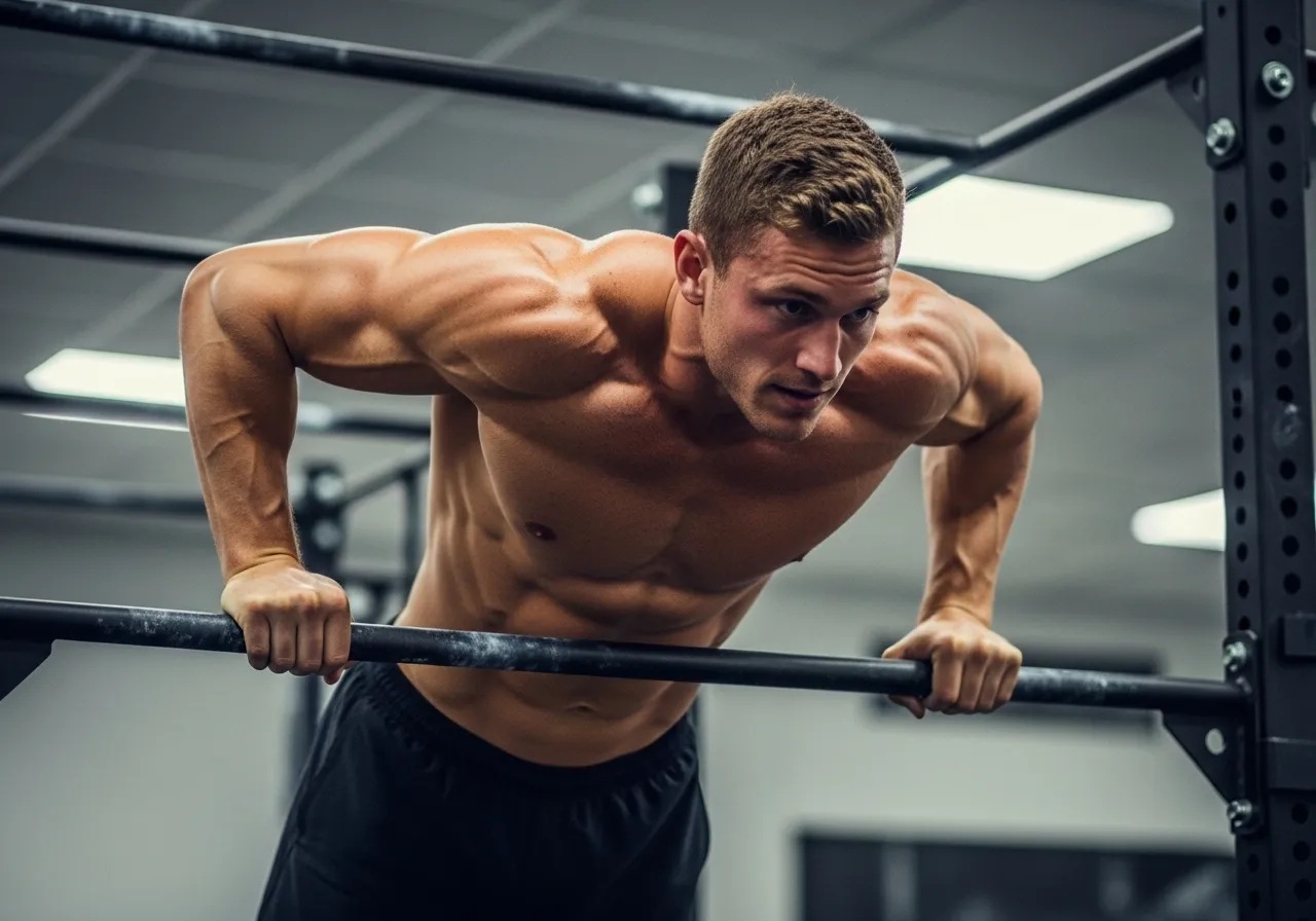 minimal home training setup with doorframe pull-up bar and gymnastics rings, showing how little space calisthenics requires, professional lifestyle photography
