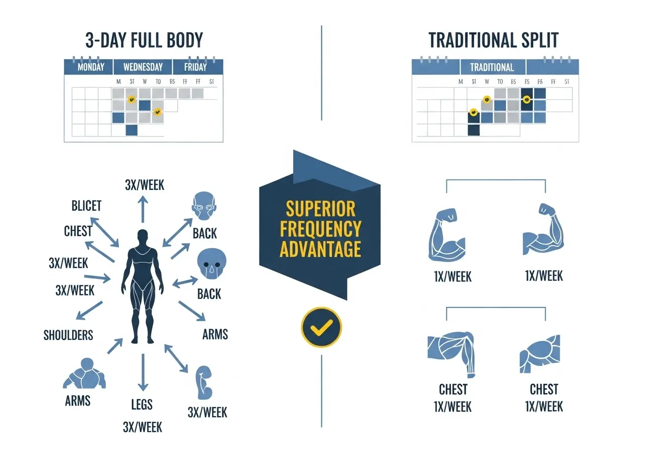 muscle frequency chart showing 3-day full body vs split training comparison