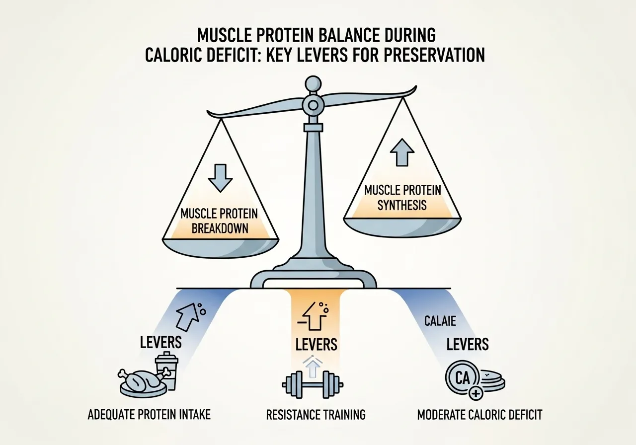 muscle loss caloric deficit protein breakdown synthesis mechanism prevention