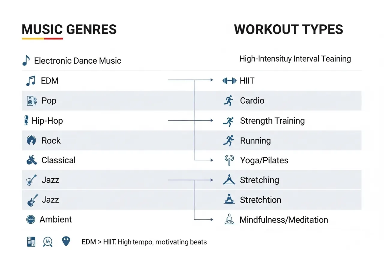 music genre chart comparing hip-hop metal electronic pop for different workout types