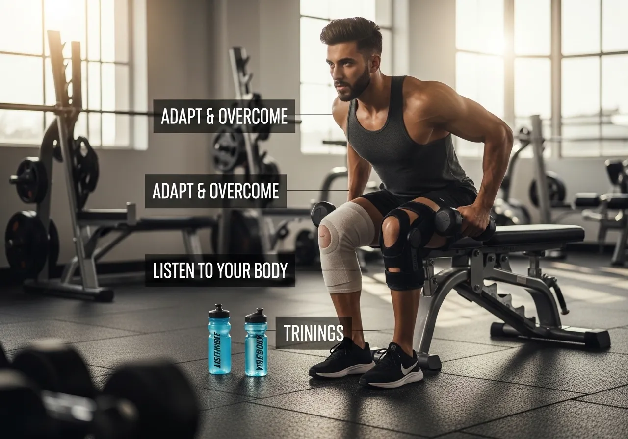 nutrition and recovery strategies while training around an injury, professional fitness photography, natural gym lighting, high-detail, sharp focus, photorealistic, authentic and motivating atmosphere