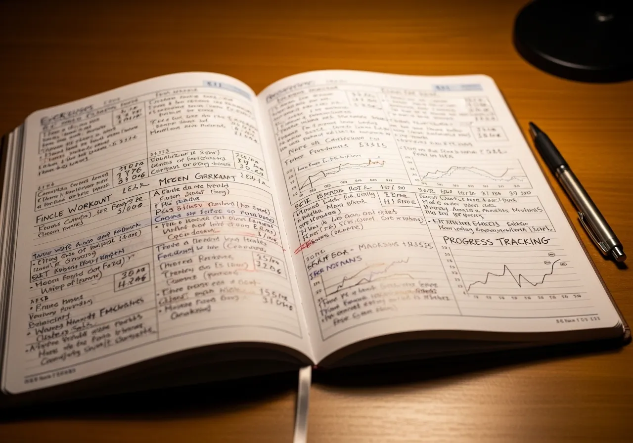 open fitness journal showing workout log entries with weights reps and progress notes