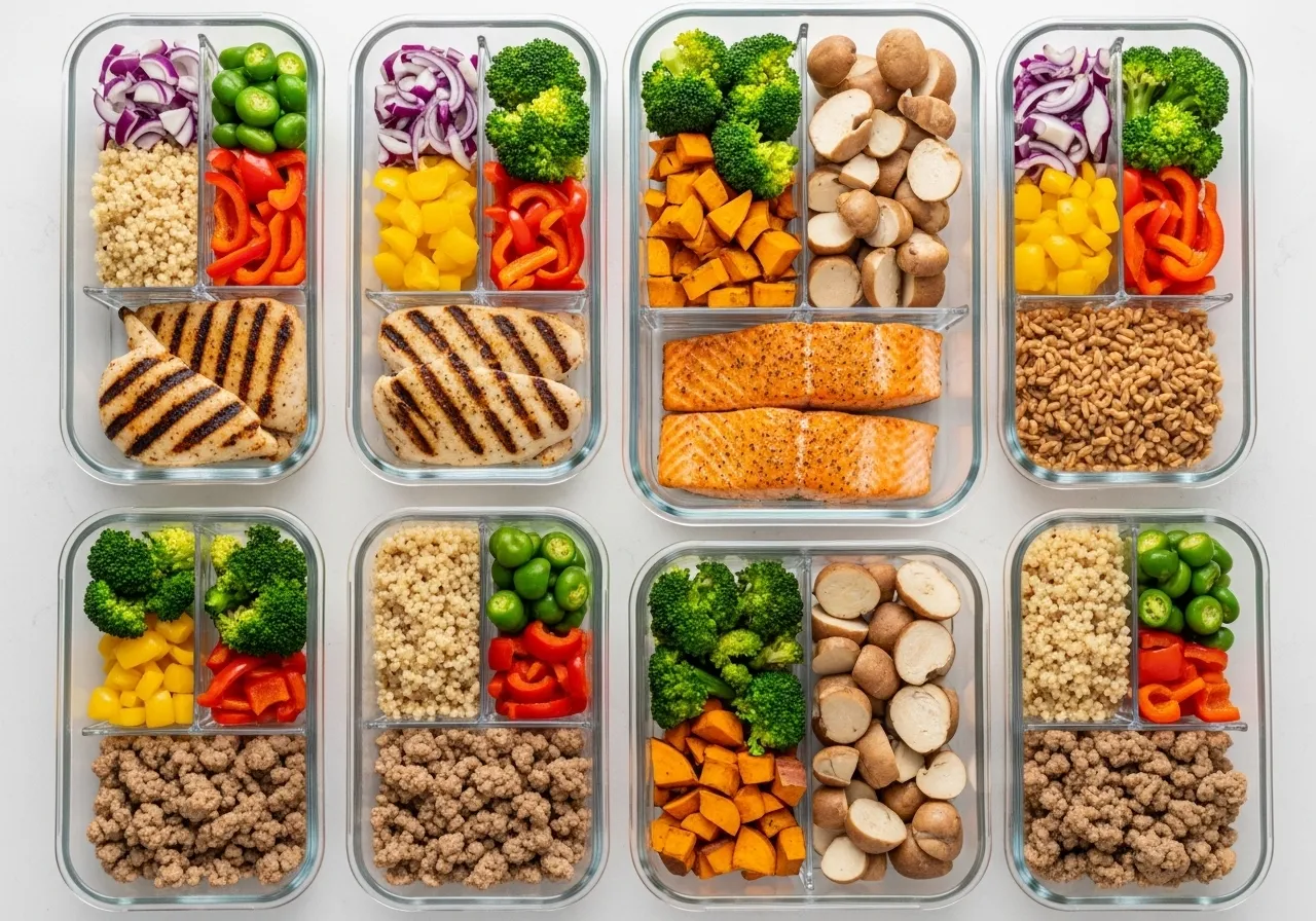 organized weekly meal prep with healthy protein vegetables and grains in containers
