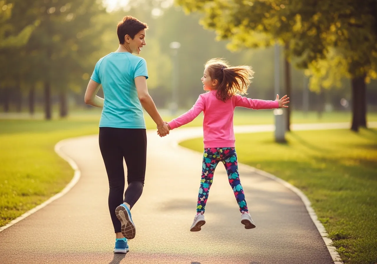 parent and child exercising together outdoors, running and jumping joyfully