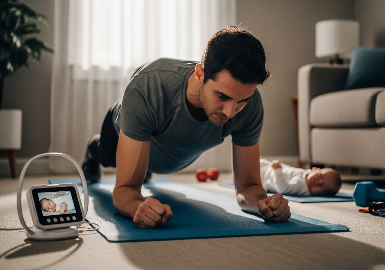 parent working out during baby nap time with baby monitor visible