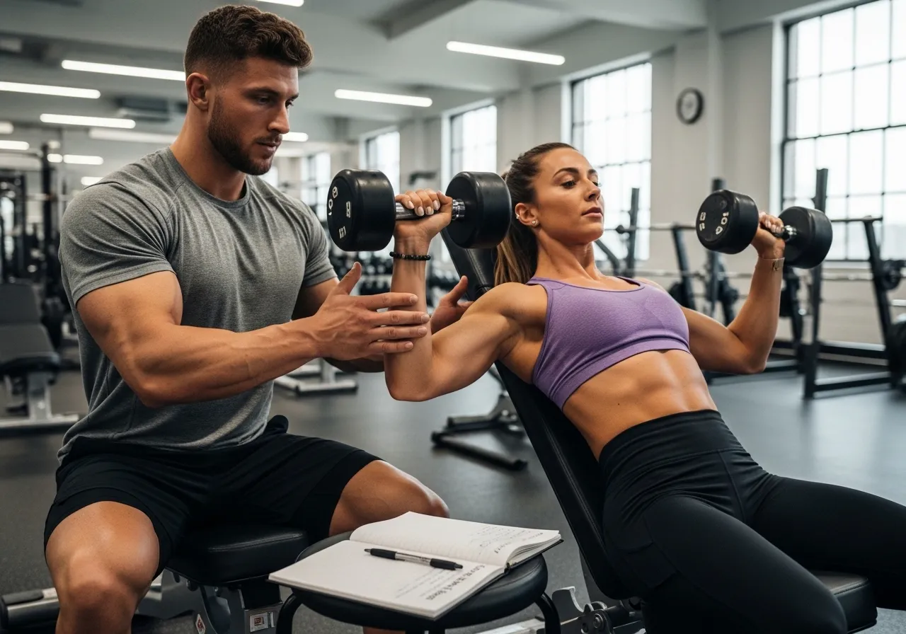 partners performing alternating sets with training log visible between them