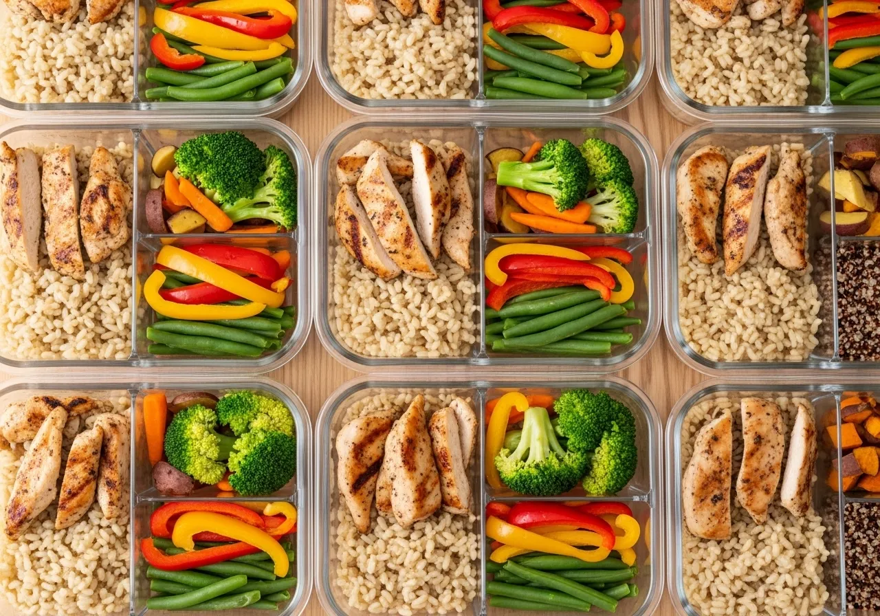 perfectly portioned meal plate showing half non-starchy vegetables one quarter lean protein one quarter whole grain, healthy eating plate method, professional food photography