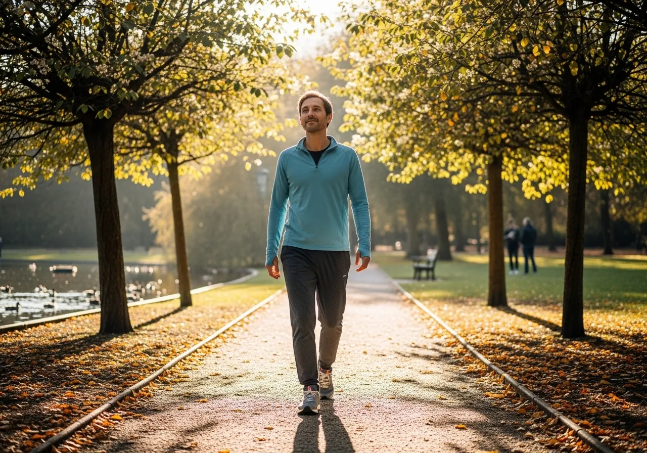 person beginning light exercise walk outdoors after recovering from illness showing safe gradual return to fitness, professional lifestyle photography