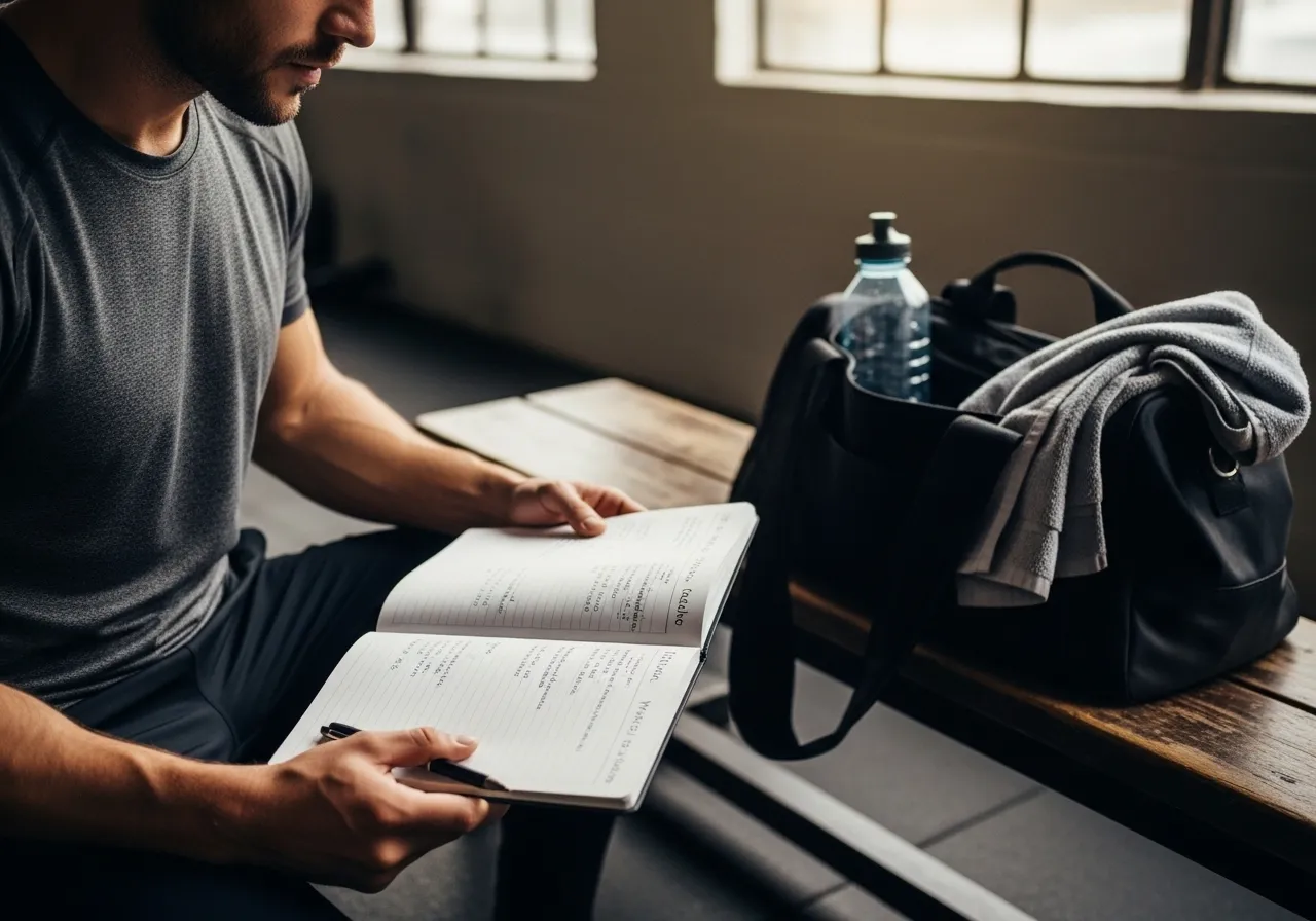 person building consistent workout habit with training journal and gym bag ready
