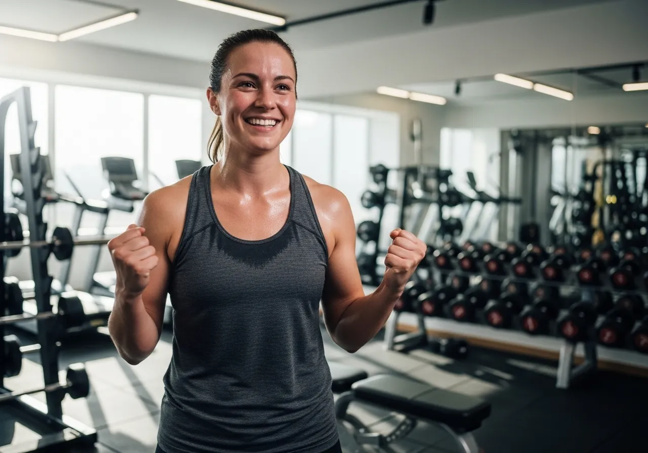 person celebrating completing first successful gym workout