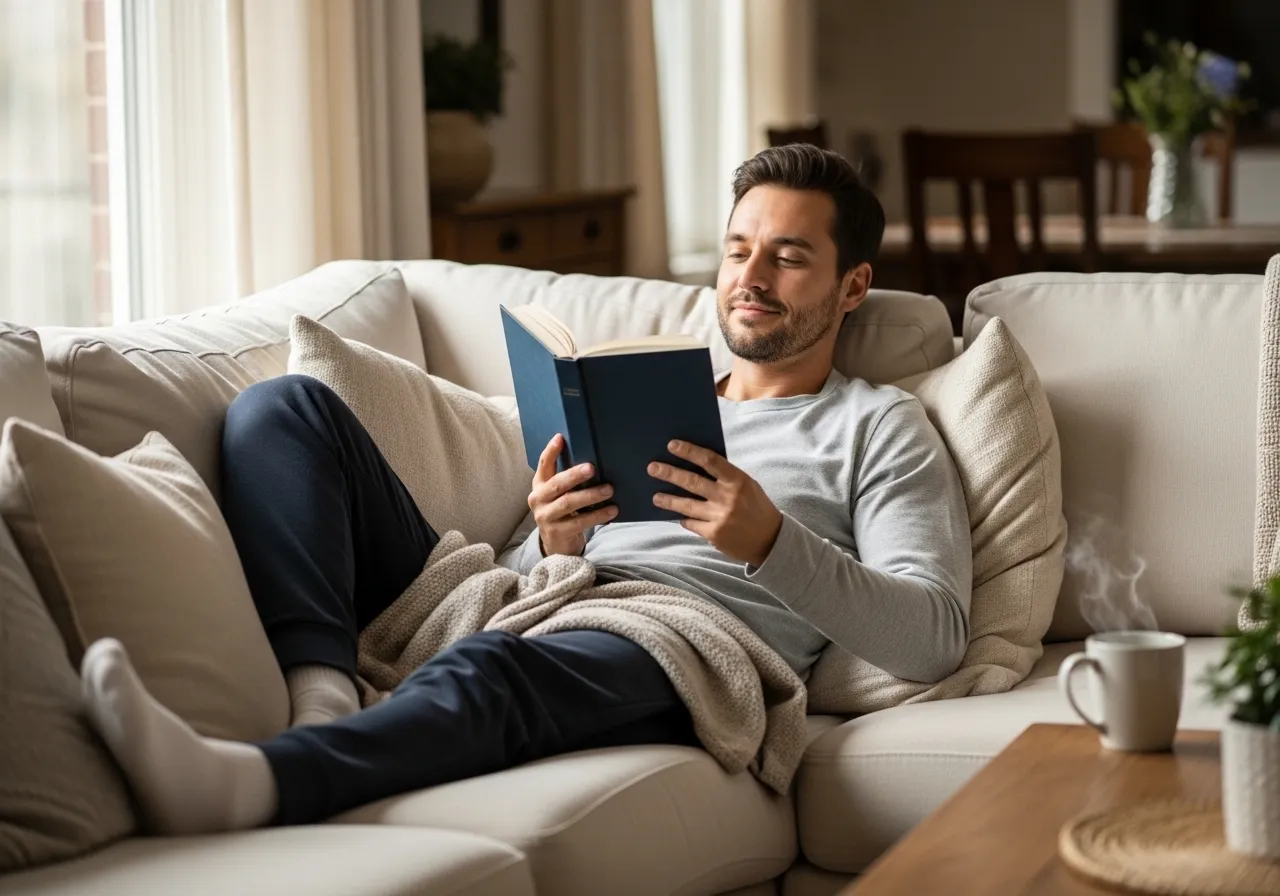 person completely resting on couch reading on a proper rest day