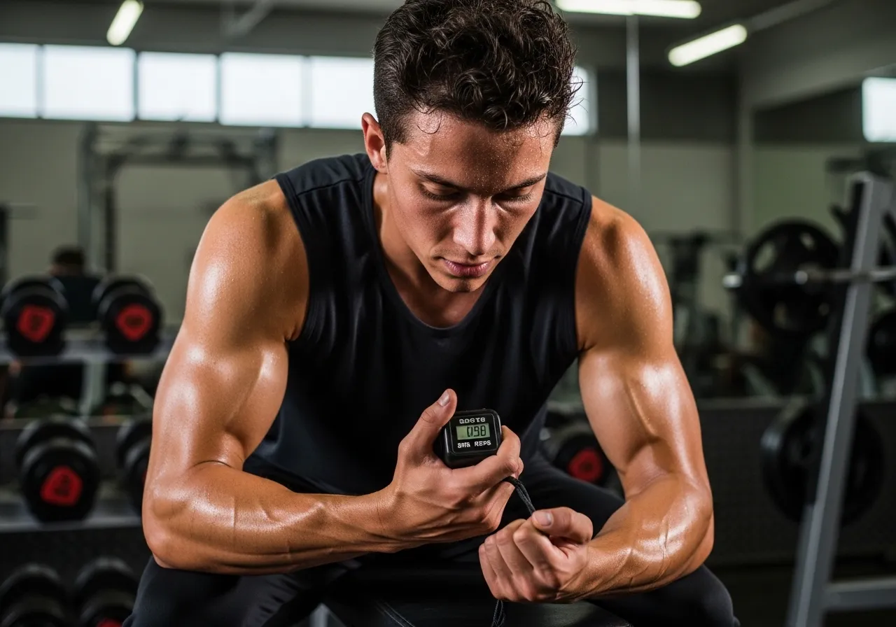 person counting sets and reps while resting between exercises in gym