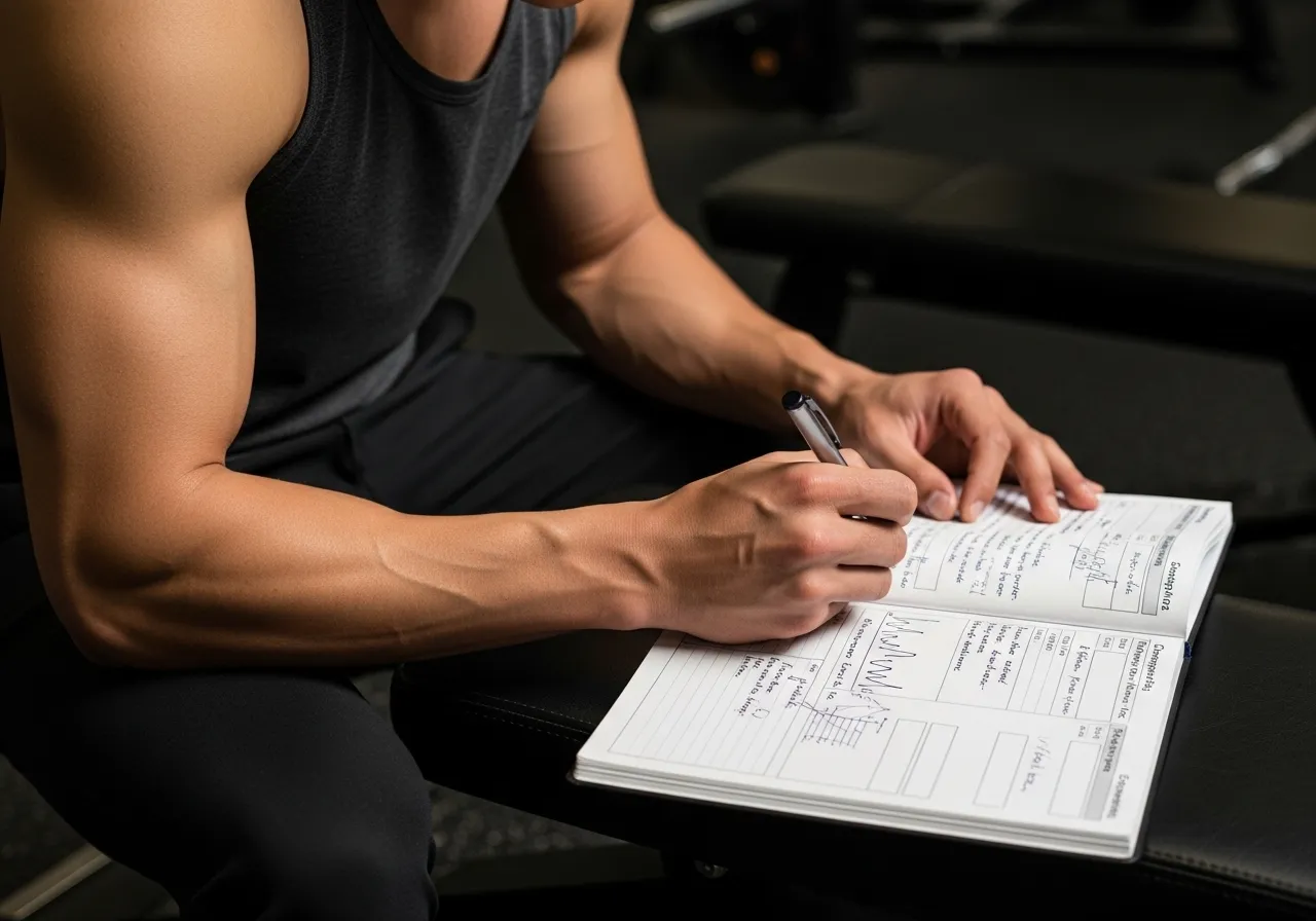 person creating personalized fitness progress tracking system in journal