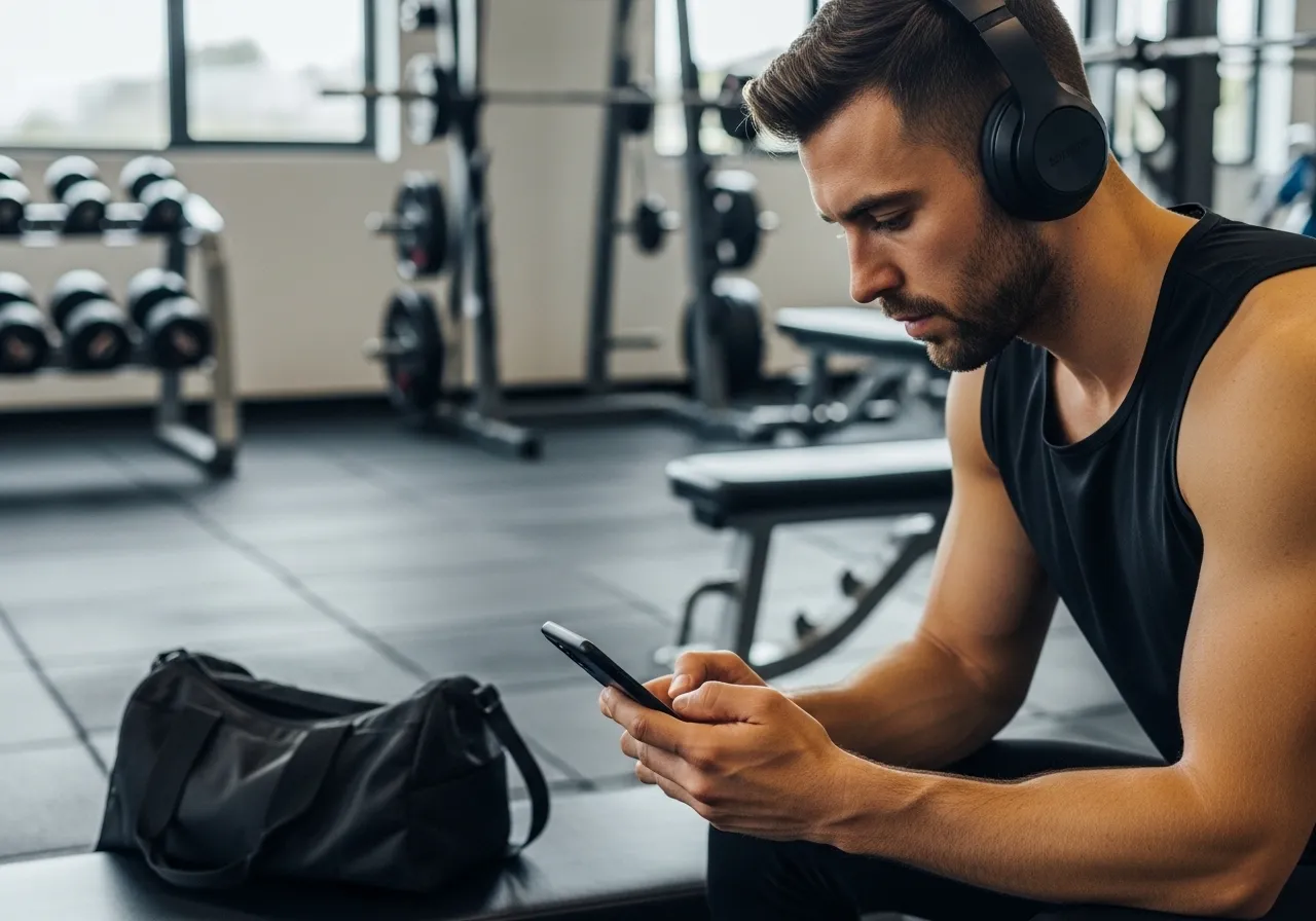 person customizing workout playlist with headphones in gym