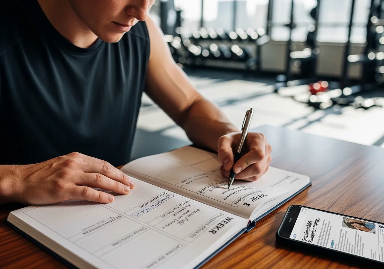 person designing sustainable long-term fitness schedule in weekly planner