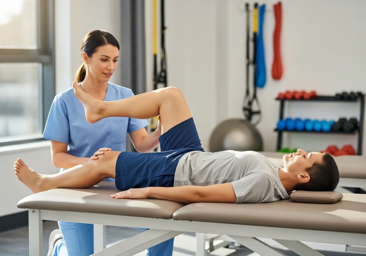 person doing active recovery exercises in physical therapy setting
