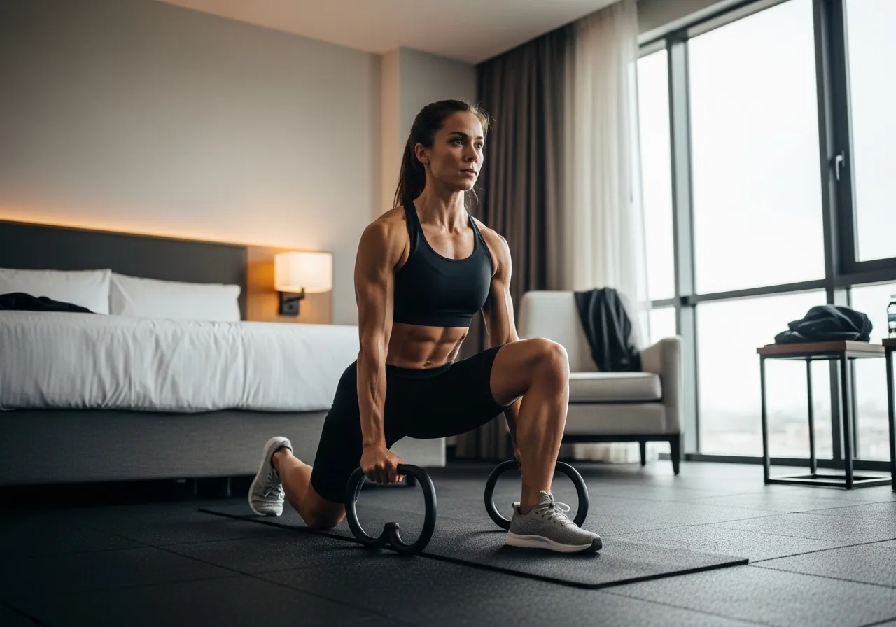  person doing effective full bodyweight workout in hotel room while traveling