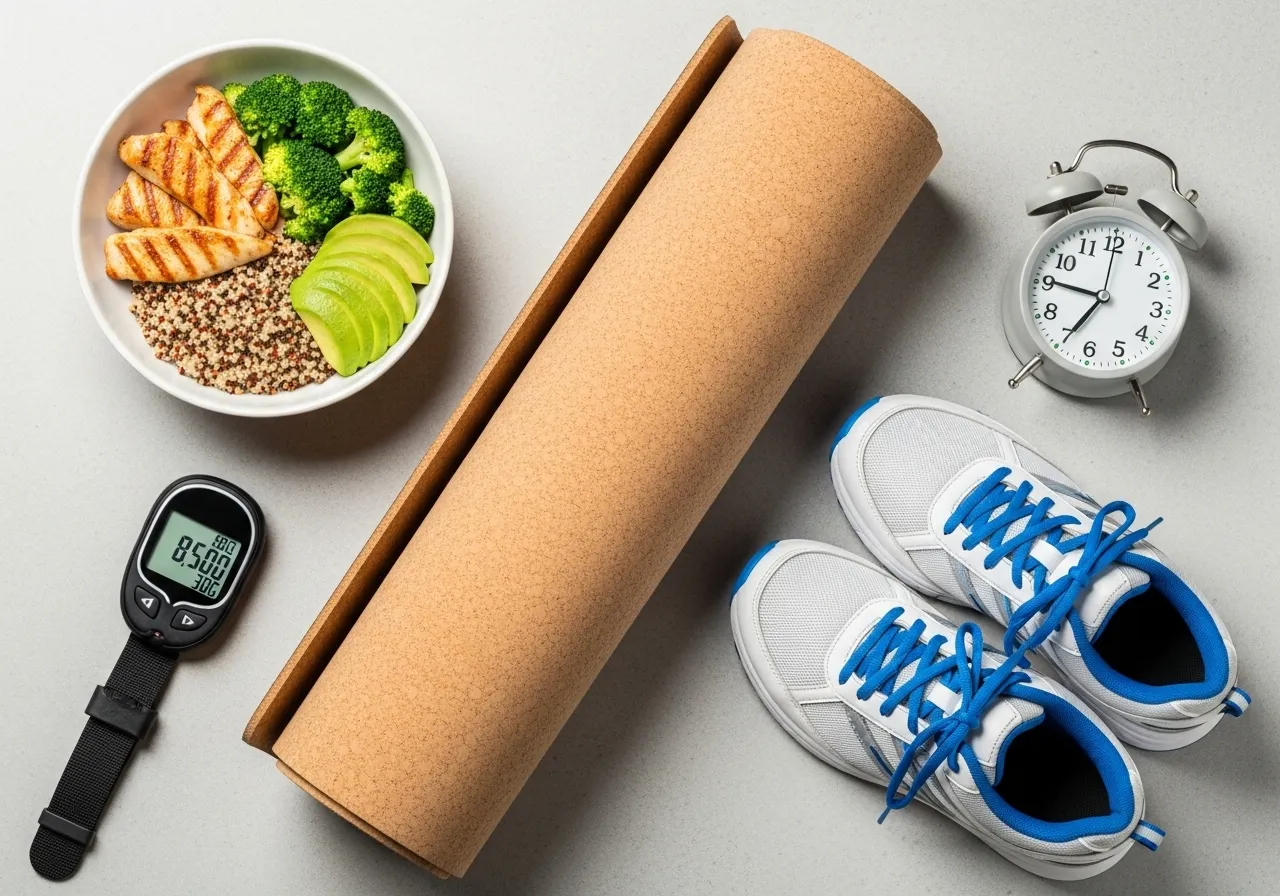 person doing gentle morning stretching or mobility work at home in soft morning light, establishing daily fitness habit, professional lifestyle photography warm tones