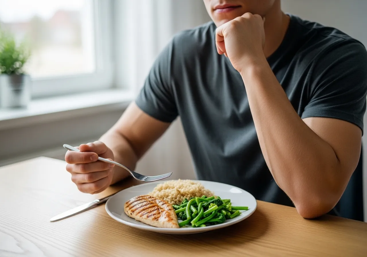 person eating balanced meal with protein and carbs at dinner table thinking about nutrition timing