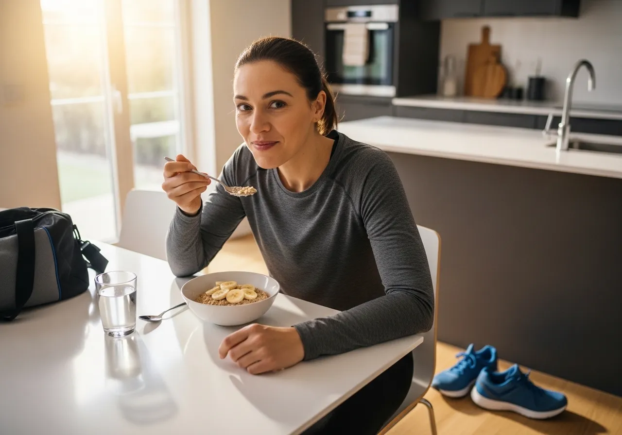 person eating oatmeal with banana before workout, energized and ready