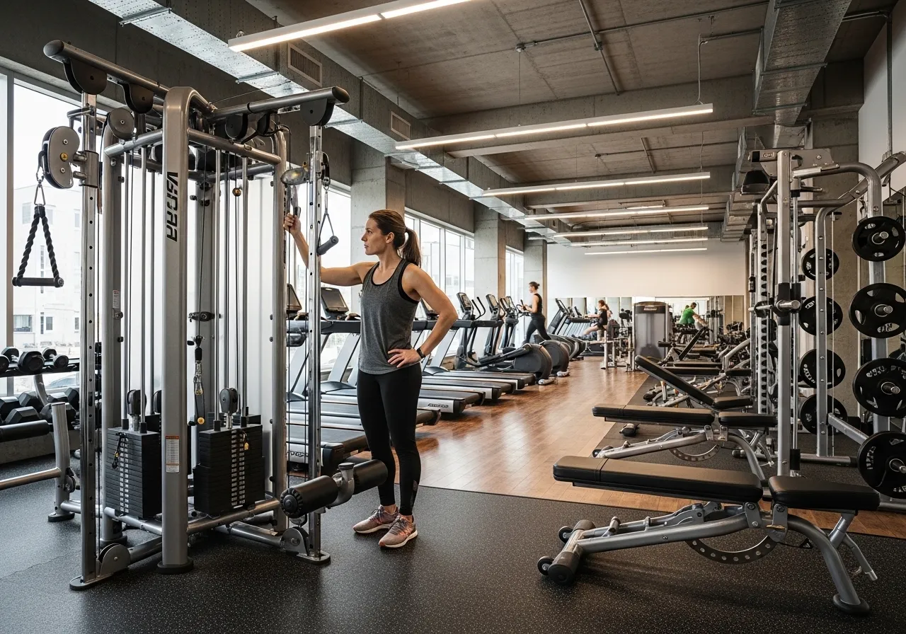 person evaluating modern gym facility showing equipment and training environment for goal-based gym selection, professional photography