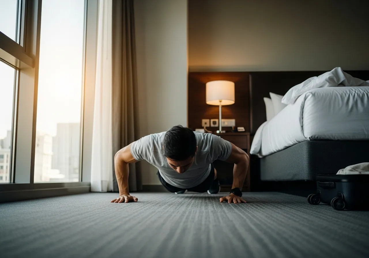 person exercising with push-ups in hotel room while traveling to maintain fitness routine