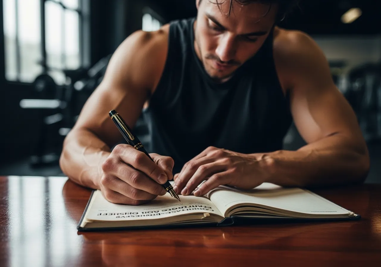 person filling out comprehensive fitness goal worksheet in journal
