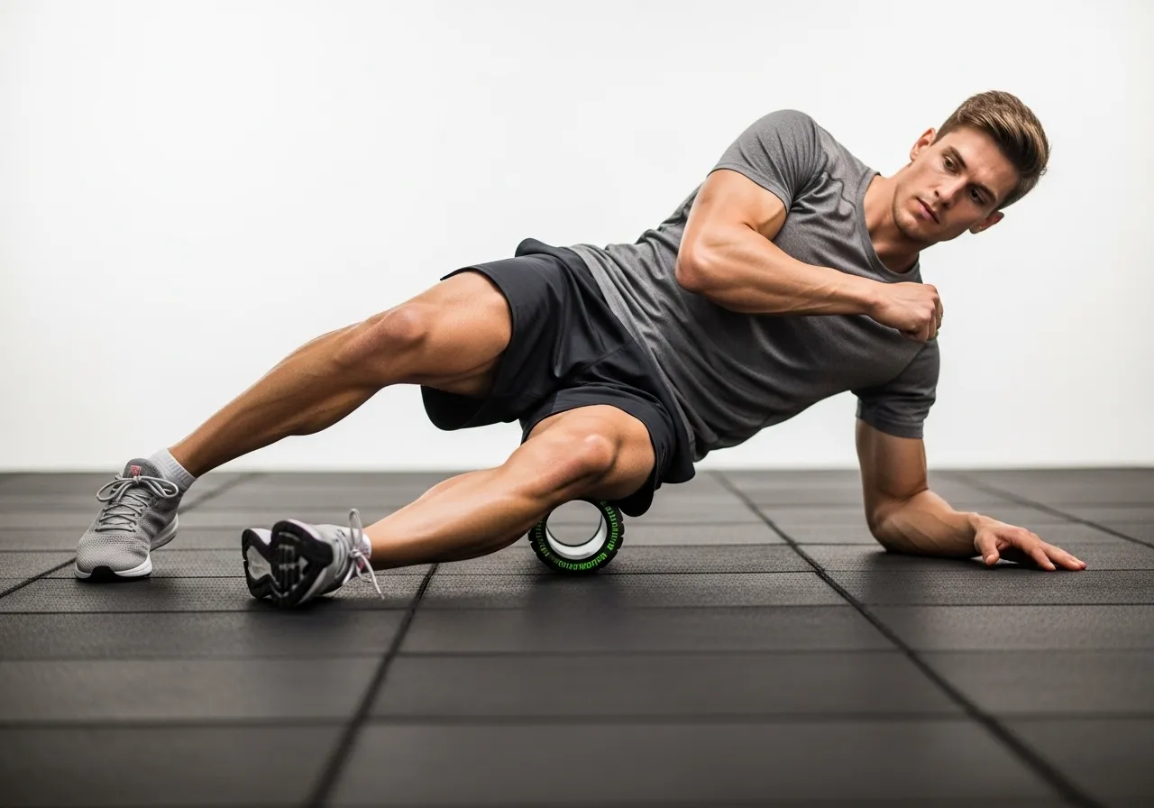 person foam rolling quads after leg day workout for DOMS relief