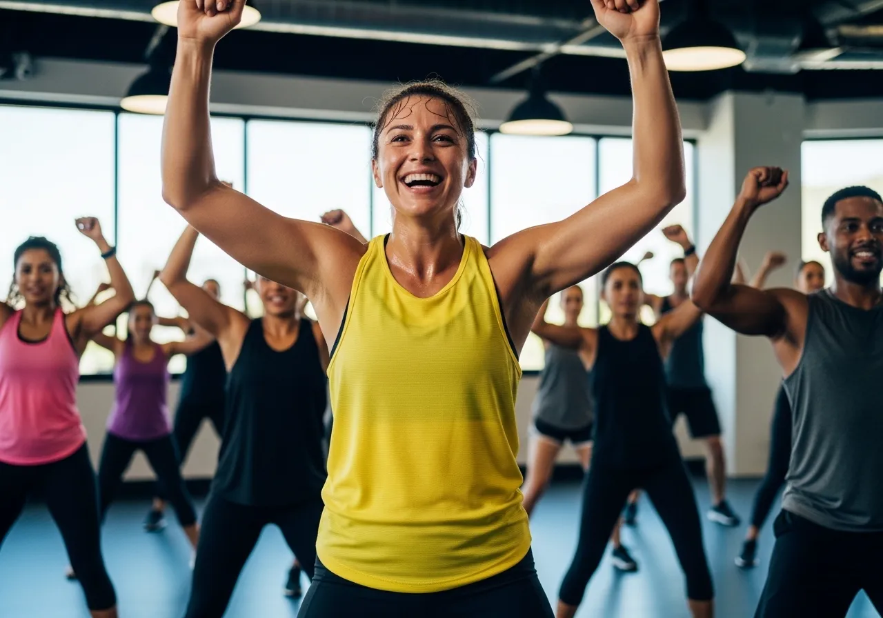 person genuinely enjoying group fitness class with authentic smile