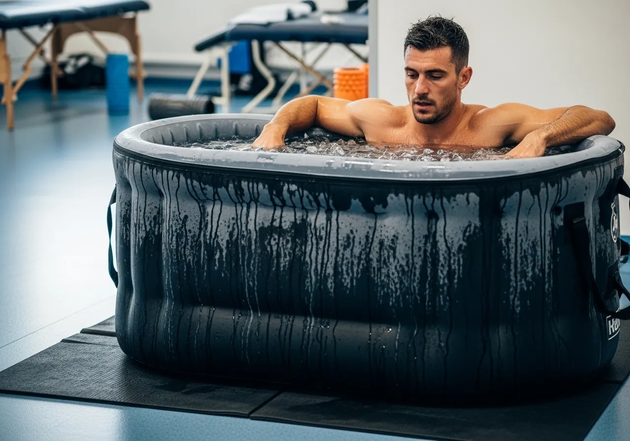 person in ice bath doing cold water immersion recovery after intense workout
