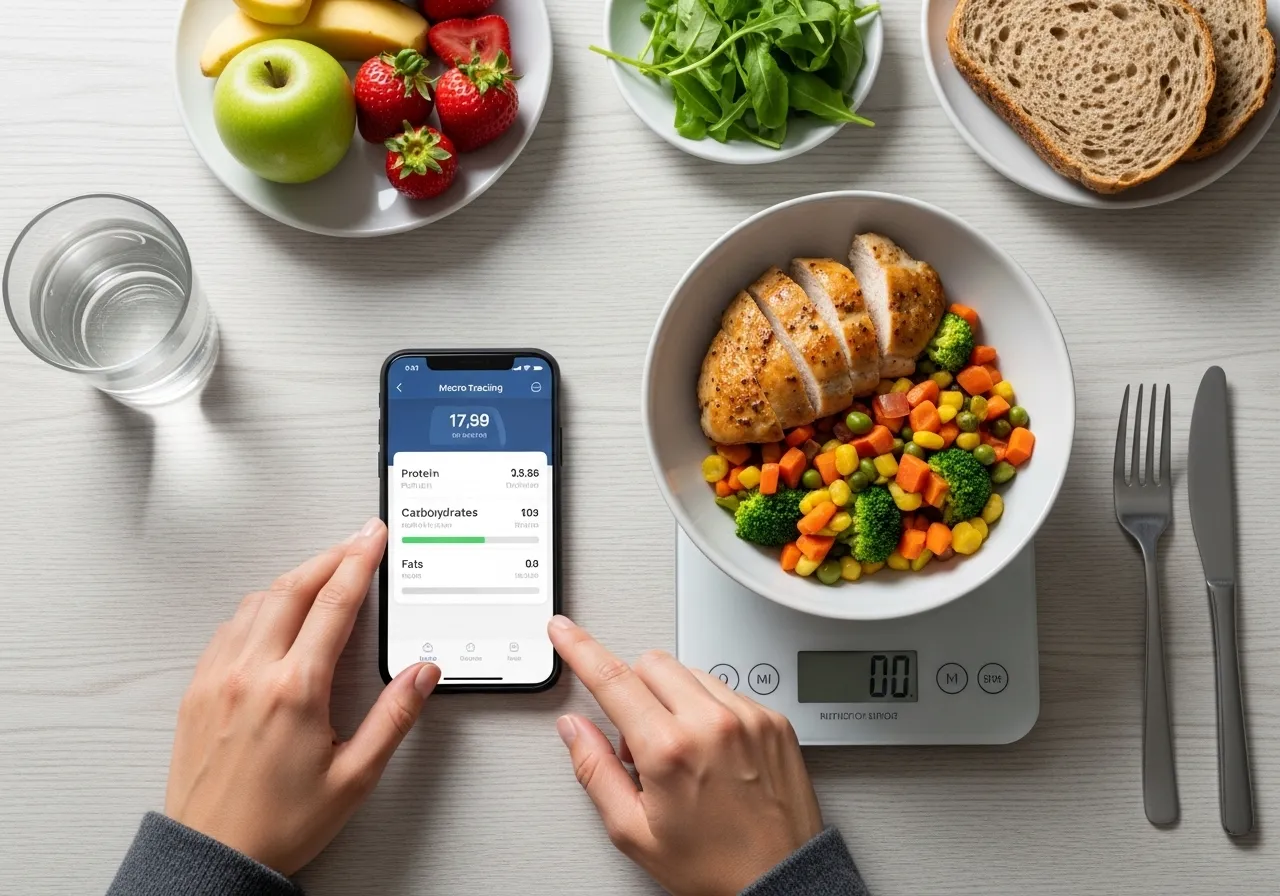 person logging food macros on smartphone with kitchen scale and meal