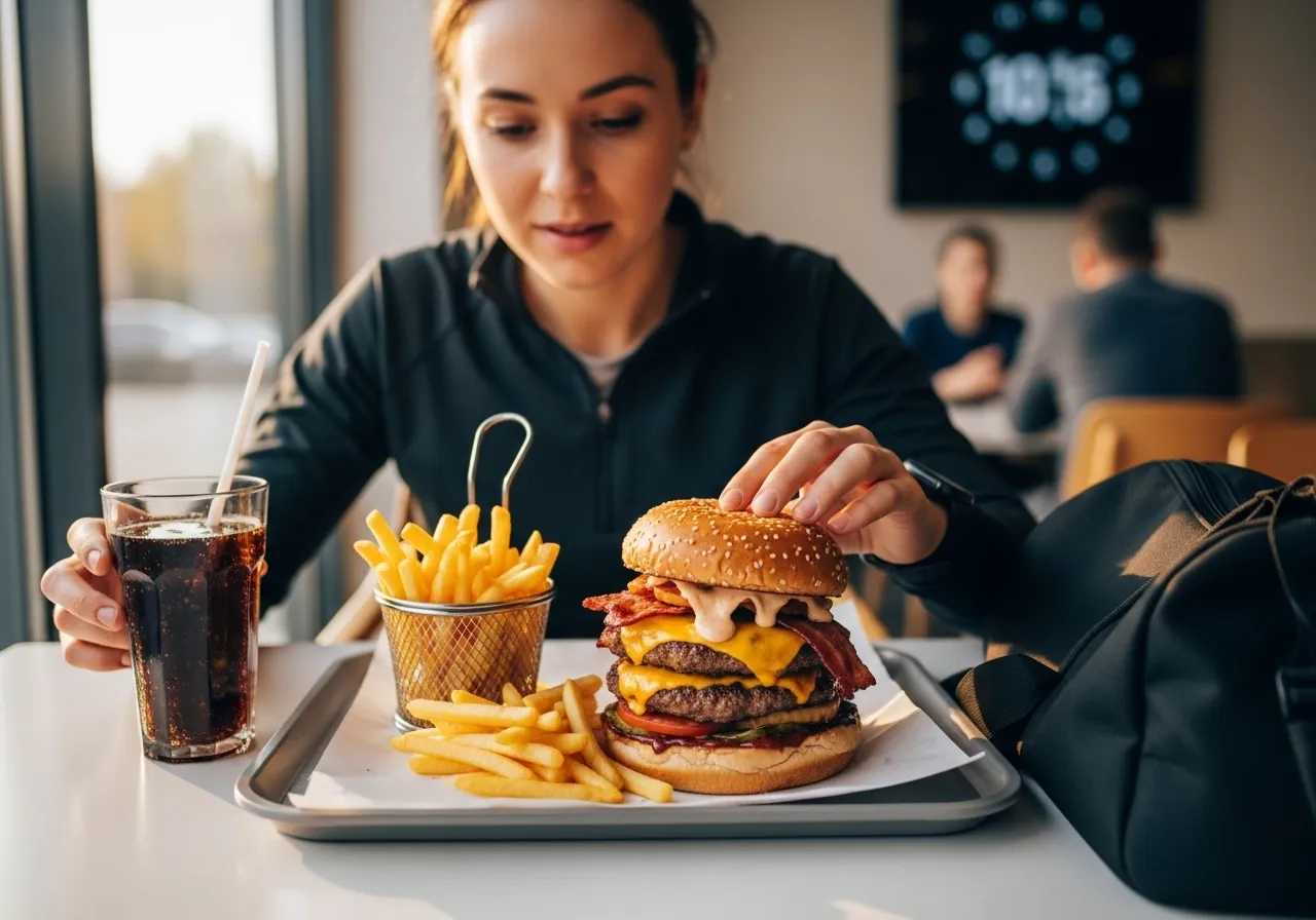 person making pre-workout nutrition mistake eating high fat meal before gym