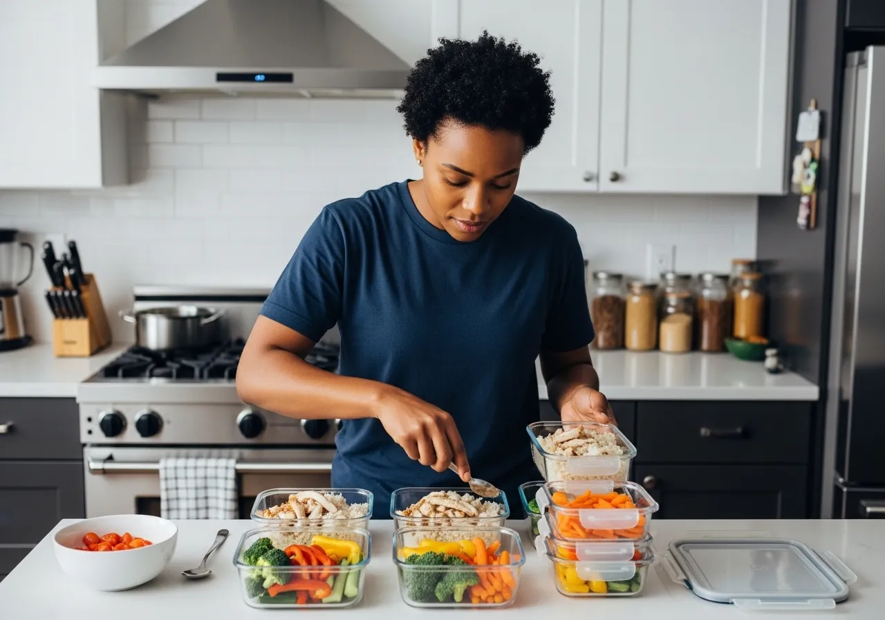 person meal prepping weekly containers with protein and carbs for muscle gain nutrition