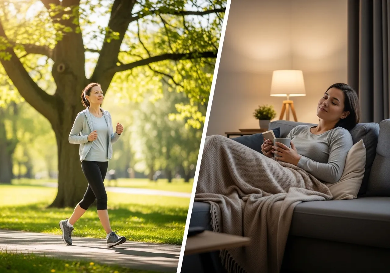 person on gentle recovery walk versus person resting at home split comparison