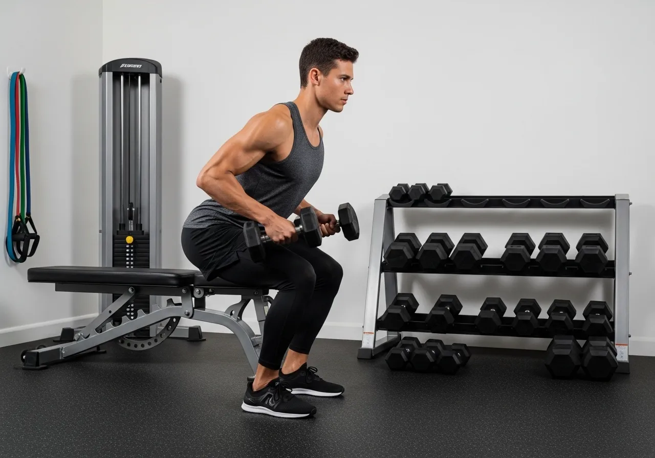 person performing burpees and high intensity bodyweight exercises in home living room showing busy schedule workout, professional fitness photography