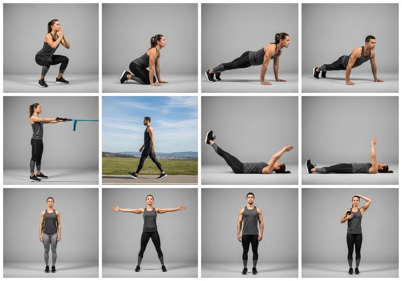 person performing daily exercise routine at home or gym showing multiple movement patterns strength mobility cardio