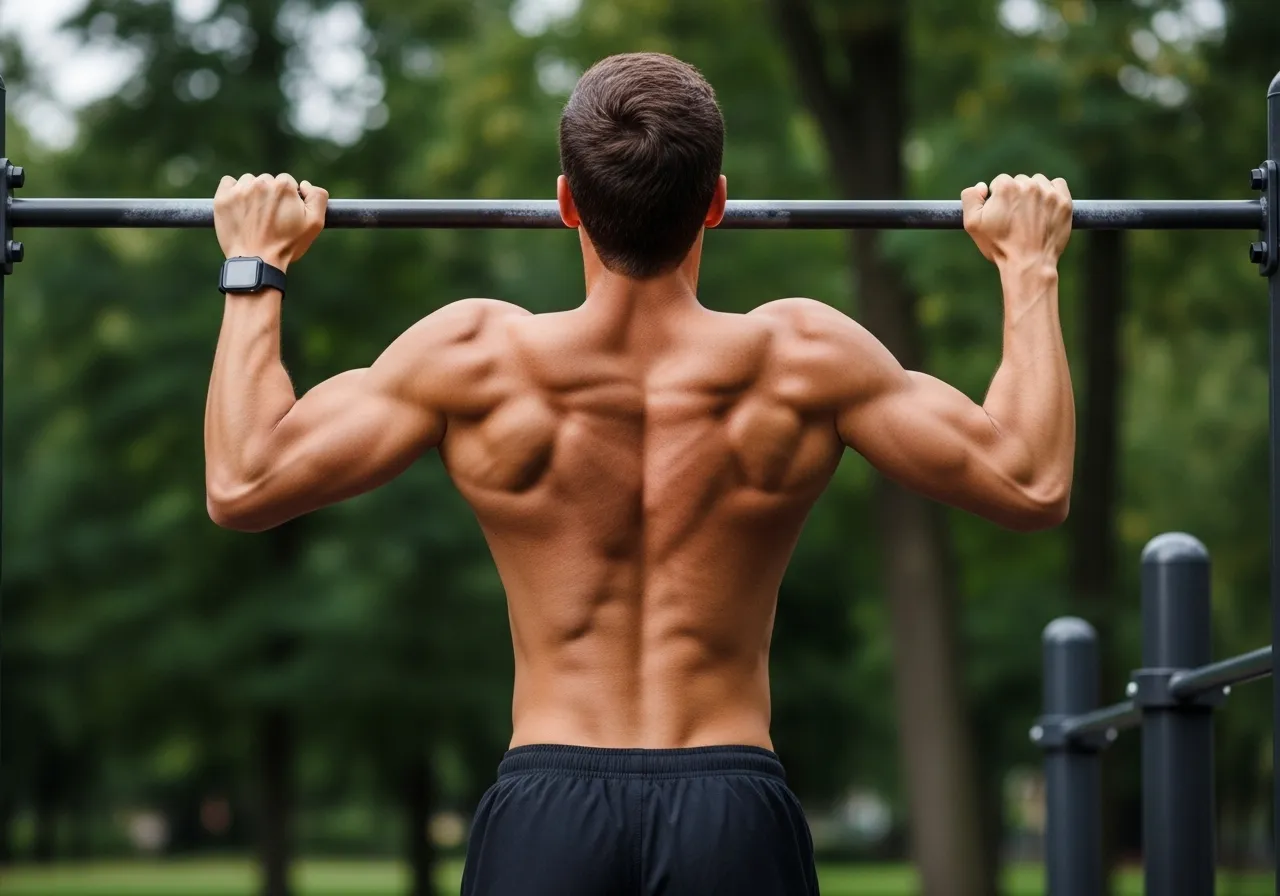 person performing perfect pull-up with strong form on outdoor bar