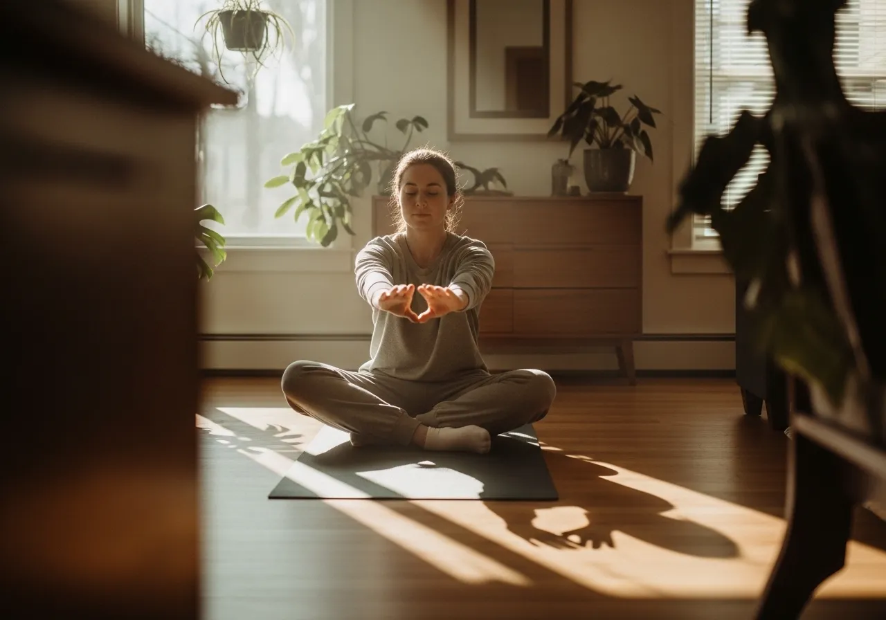 person performing small daily fitness habit morning routine stretching walking or movement, consistent healthy lifestyle, professional lifestyle photography