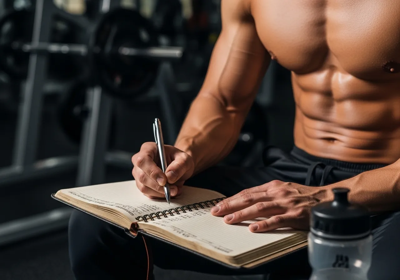 person recording strength and performance metrics in training journal