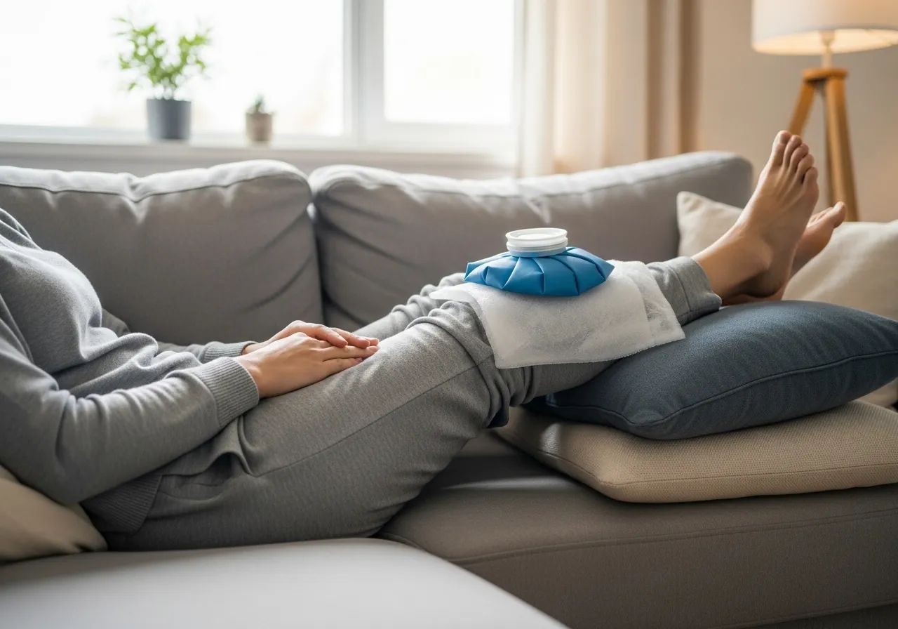 person resting and recovering from sports injury with ice and elevation