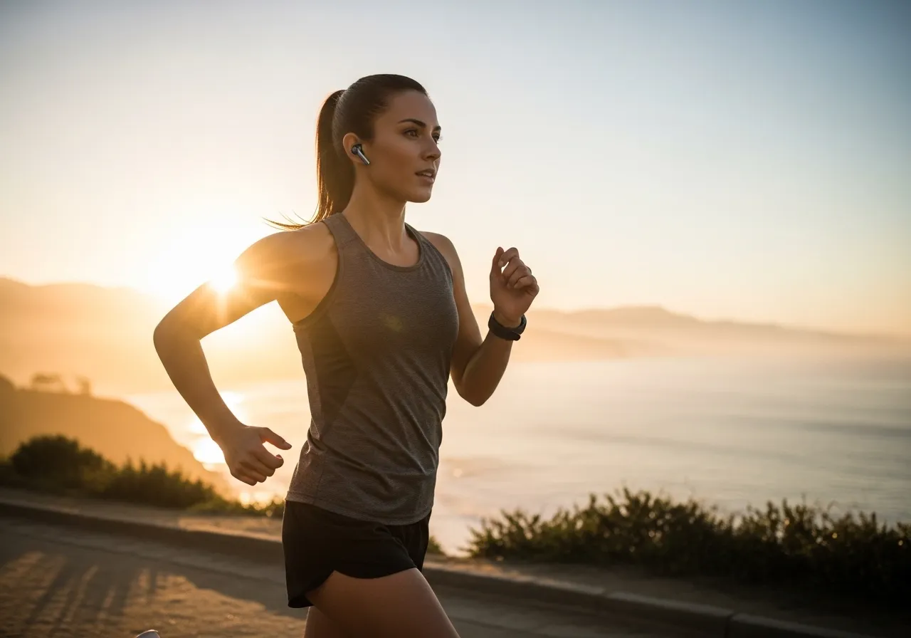 person running with wireless earbuds listening to fitness podcast for workout motivation