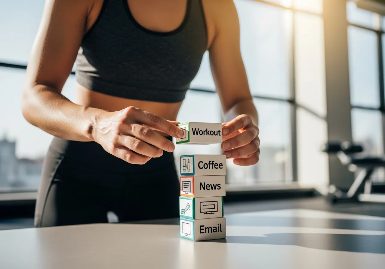 person stacking workout habit onto existing morning routine effectively