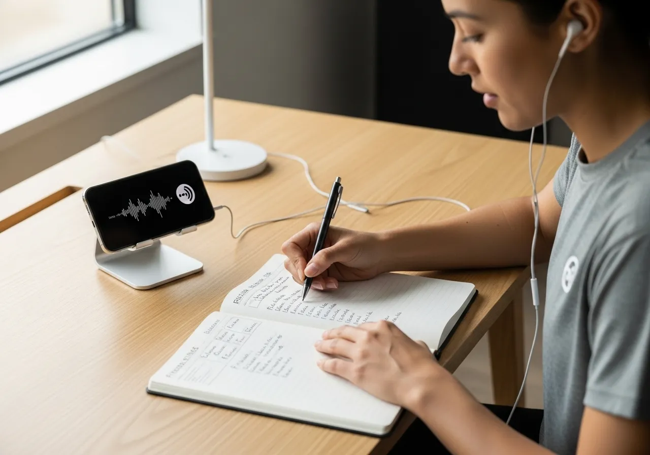 person taking notes in fitness journal while listening to podcast at home desk