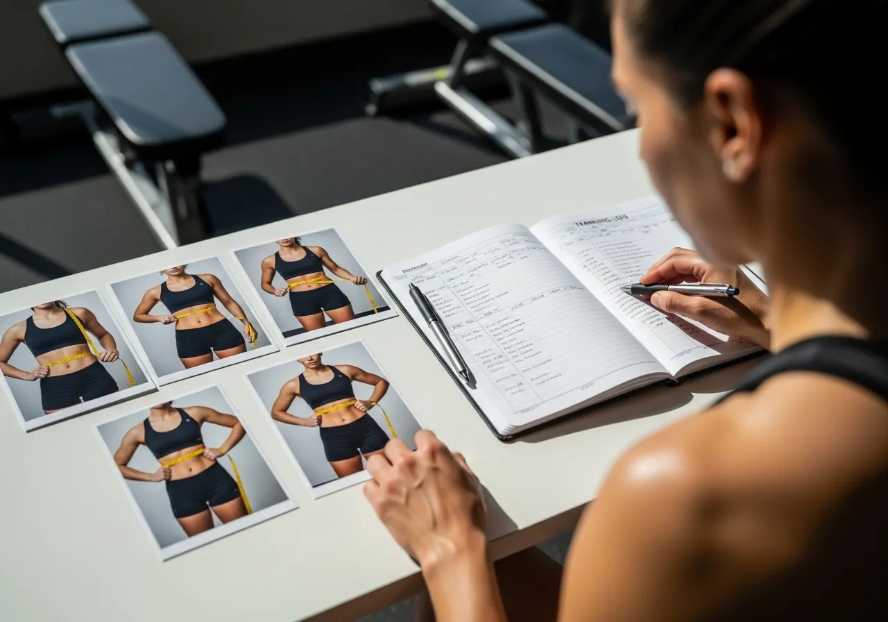 person tracking fitness progress with tape measure progress photos and training log