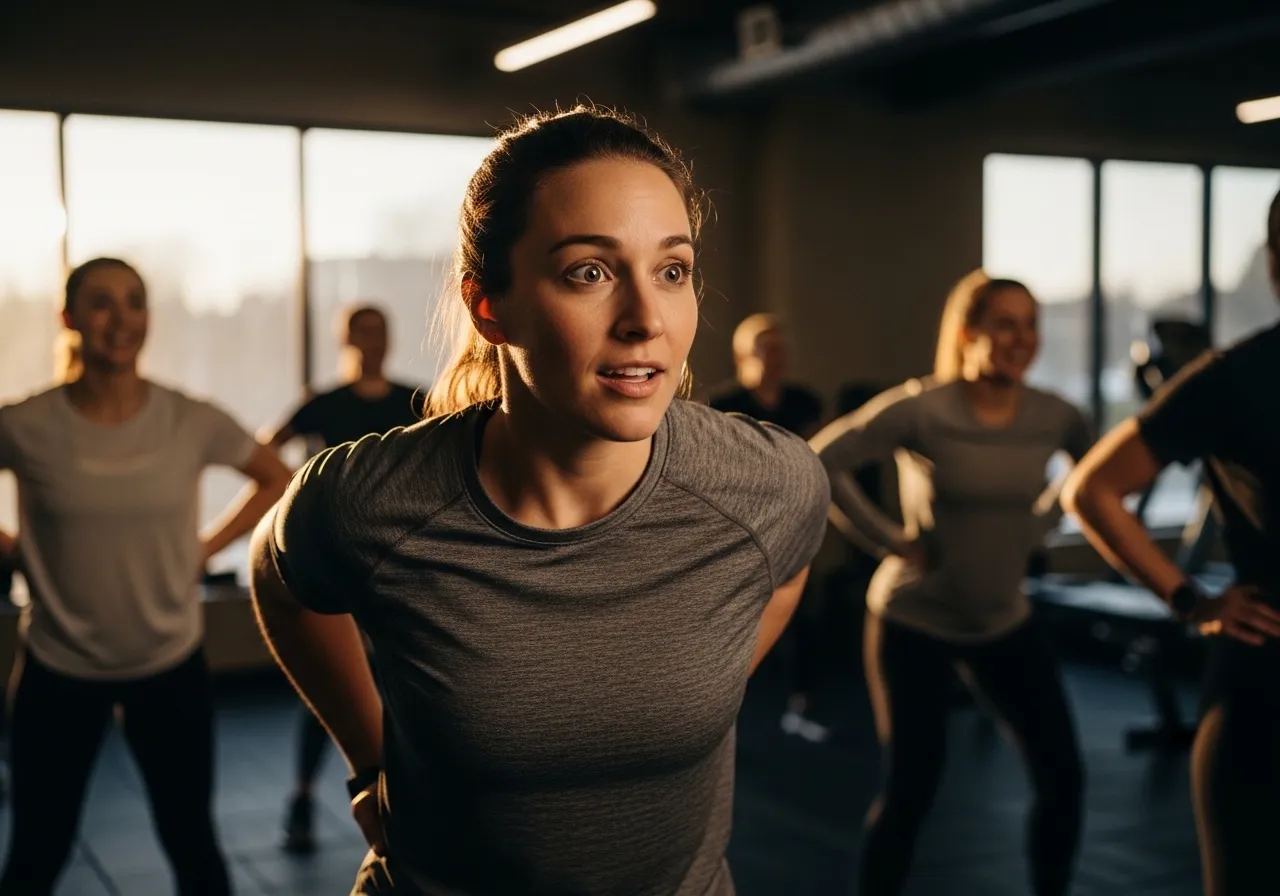 person trying new fitness class for first time with curious open expression
