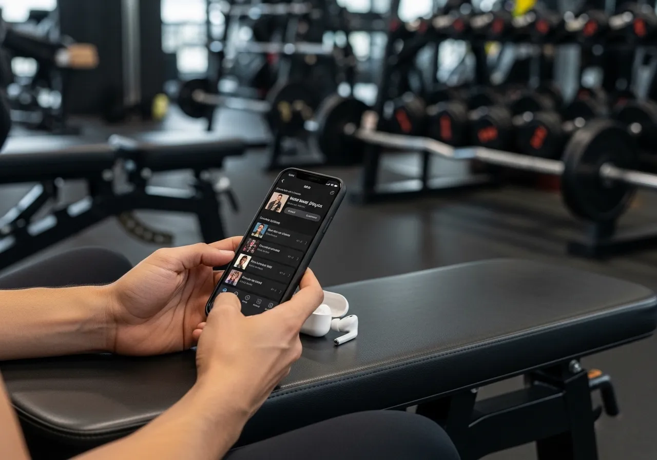 person using Spotify on phone building workout playlist at gym