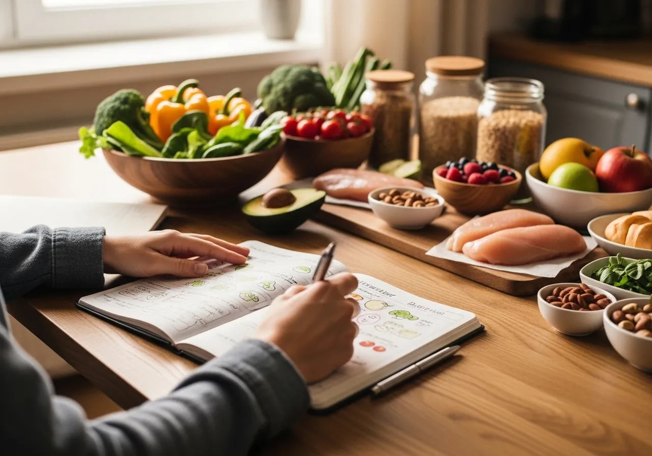 person writing healthy meal plan in journal for the week ahead
