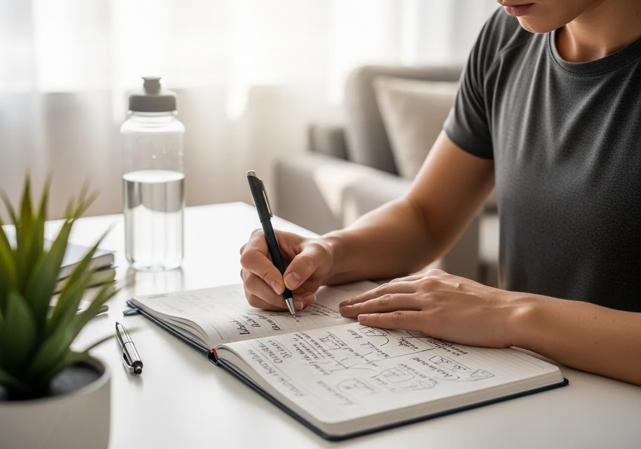 person writing personalized workout plan in journal at home desk