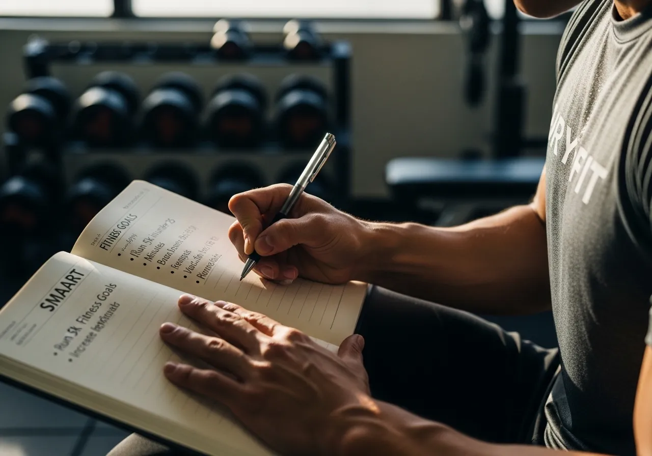  person writing SMART fitness goals in journal with specific measurable targets