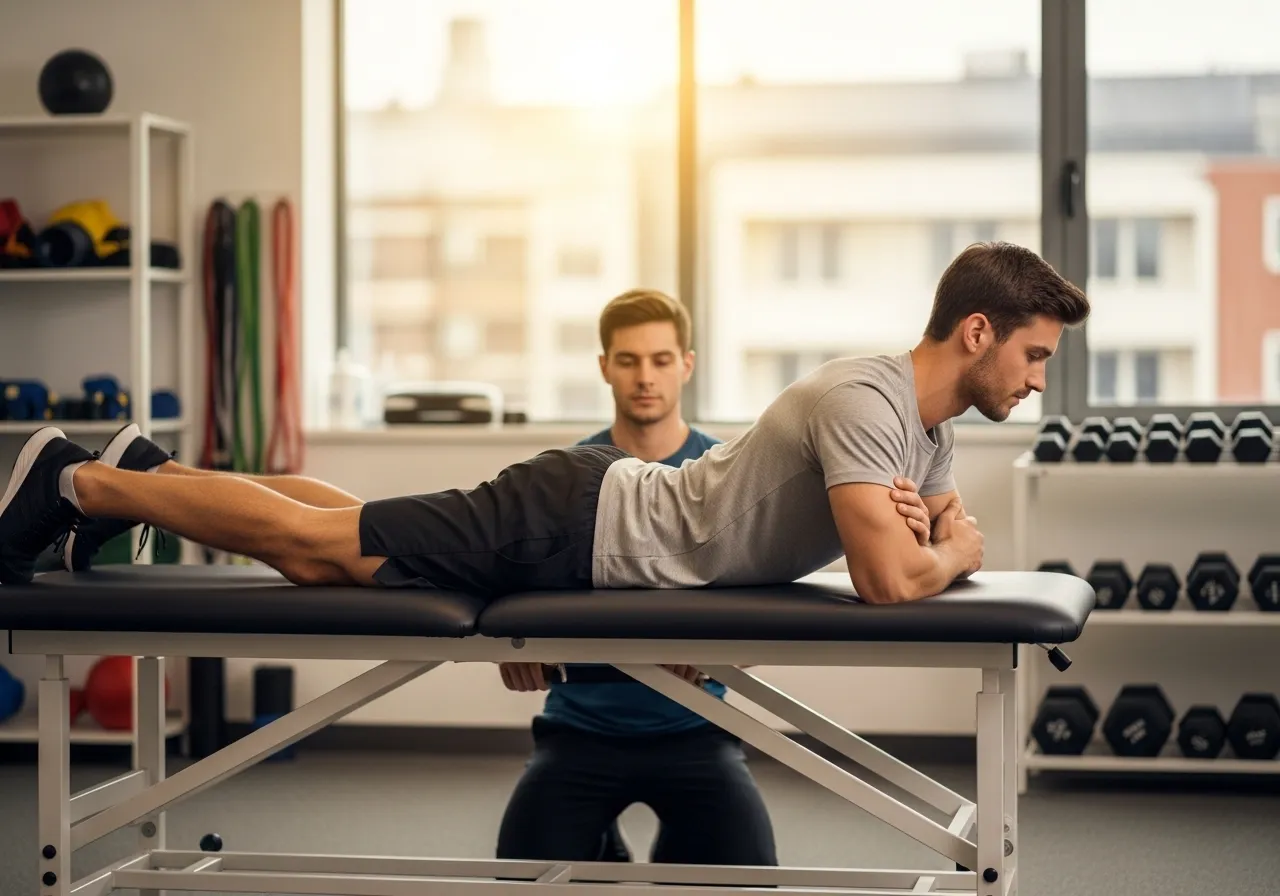physical therapy patient performing Nordic hamstring curl with guidance